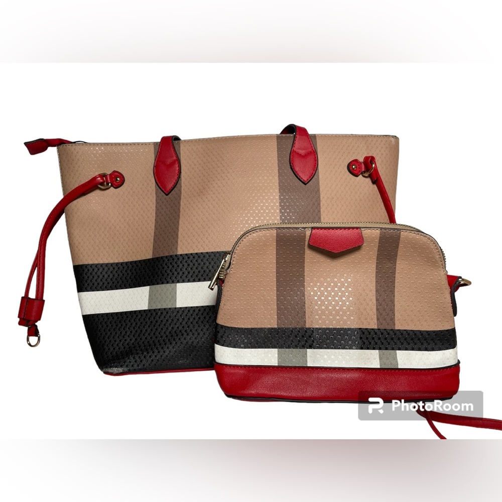 Pleather Plaid Tote Bag & Crossbody Bag